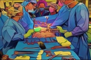 Liver transplant surgery procedure illustration in operating room
